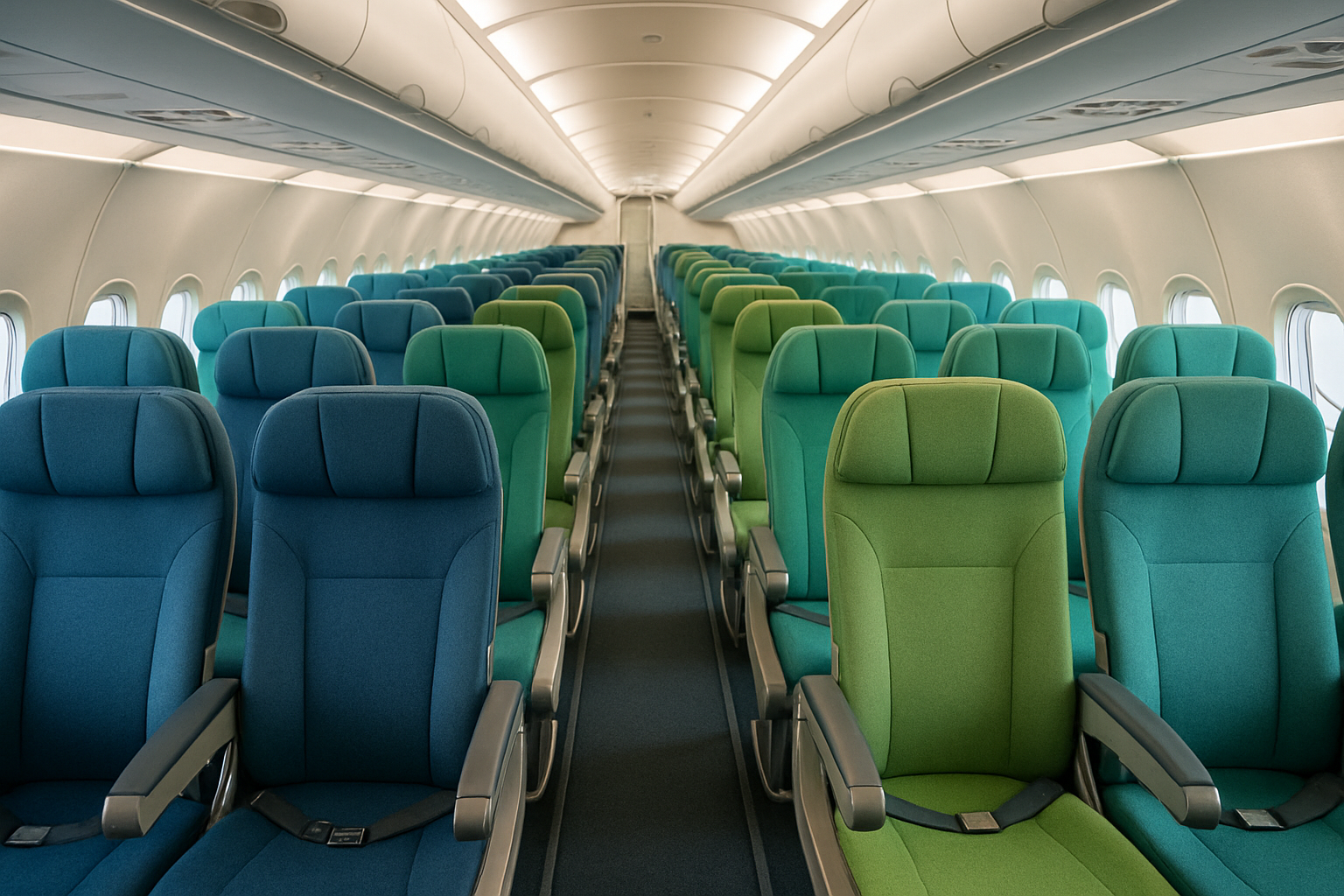 airplane seats empty blue and greens